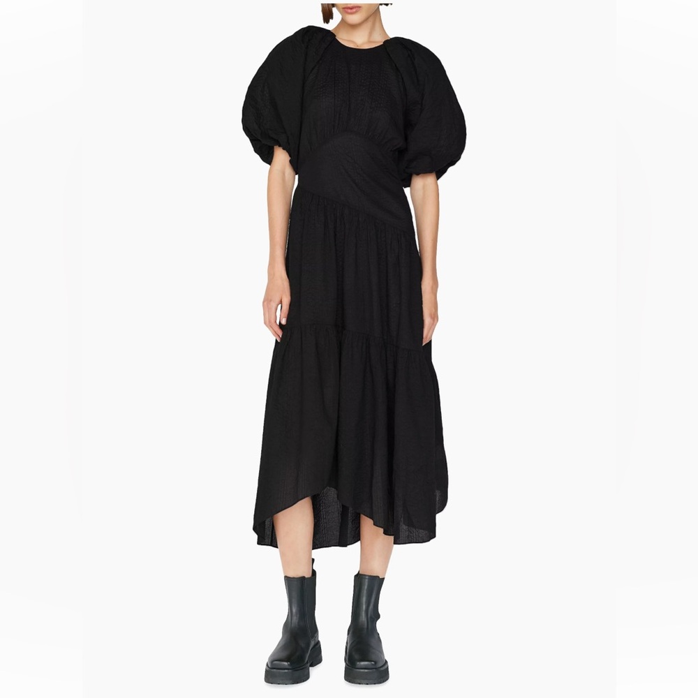 Frame Gathered Seam Puff-Sleeve Midi-Dress
